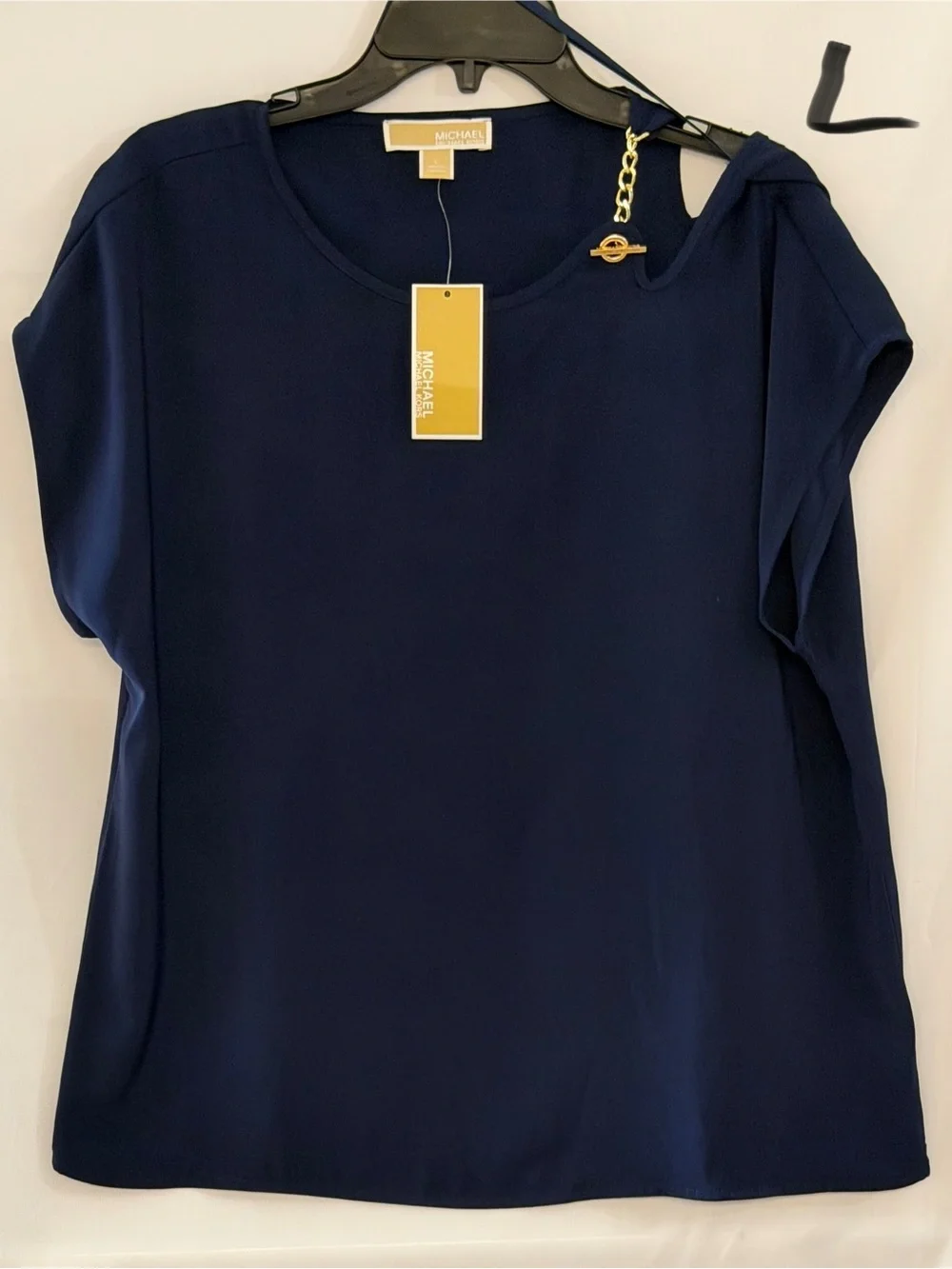 Michael Kors Navy Short-Sleeve Blouse with Gold Chain Accent